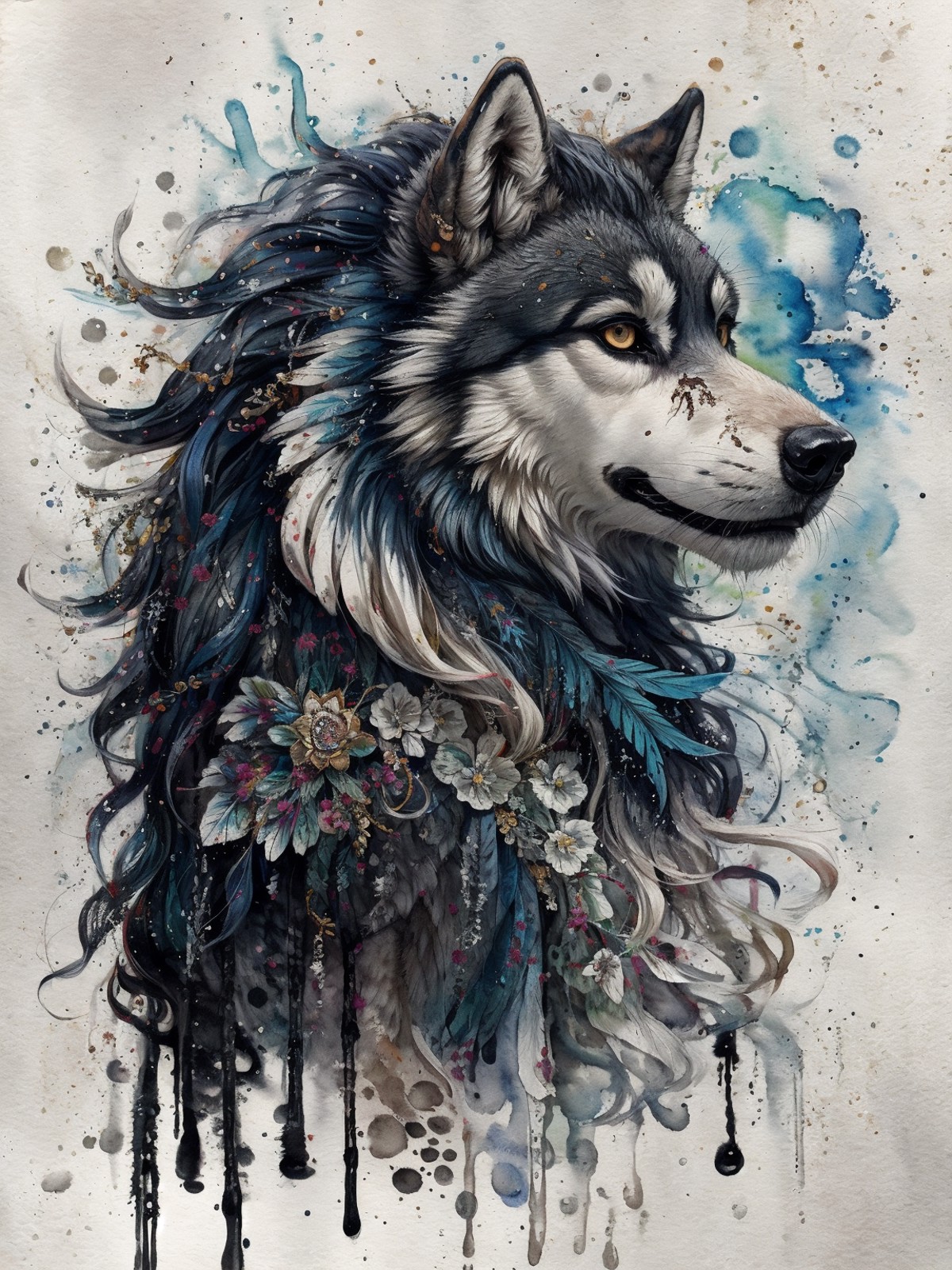 ornamental watercolor wolf, (ink outline), fine details, feather mane, (ink splash)